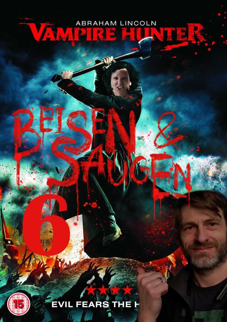 Ein Filmplakat mit dem Titel „Vampire Hunter Beisen & Saugen“, das einen Mann in historischer Kleidung zeigt, der eine große Axt hält, und einen zweiten Mann im Vordergrund.