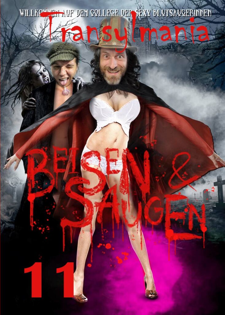 Ein Filmplakat zeigt einen Mann in einem Umhang inmitten mehrerer Personen vor einem dunklen Hintergrund mit großen deutschen Schriftzügen wie „BEISEN & SAUGEN“ und der Zahl 11.
