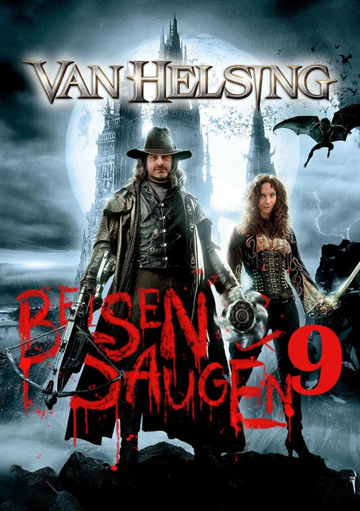 Drei Charaktere stehen vor einer gotischen Burgkulisse, umgeben von Blutspuren und dem Titel Van Helsing.