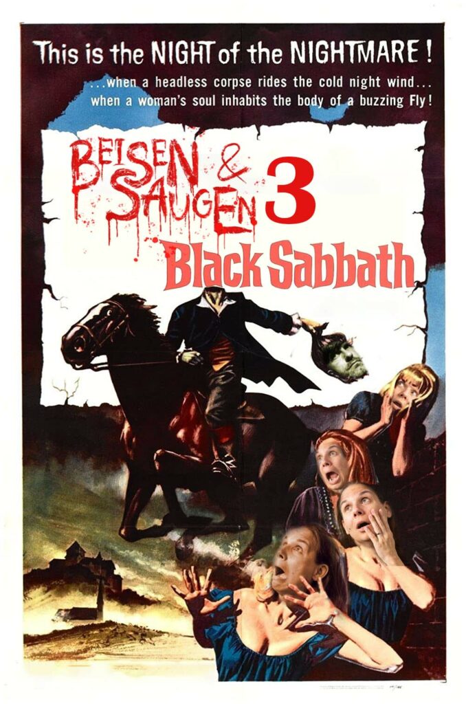 Das Filmplakat zeigt eine Gruppe von Menschen und Pferden in einer dramatischen Szene, zusammen mit dem Filmtitel Beisen & Saugen 3 Black Sabbath.